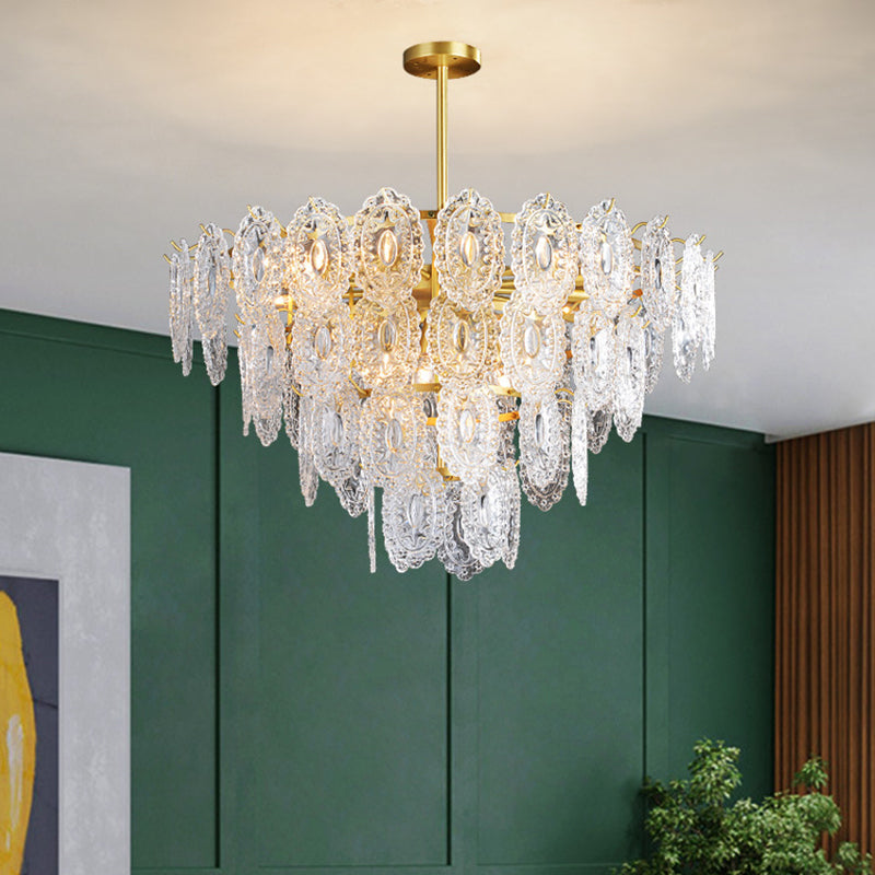 Lustre en verre festonné - Suspension moderne dorée avec 2/3/4 niveaux et 6/12/16 ampoules pour suspension de salle à manger