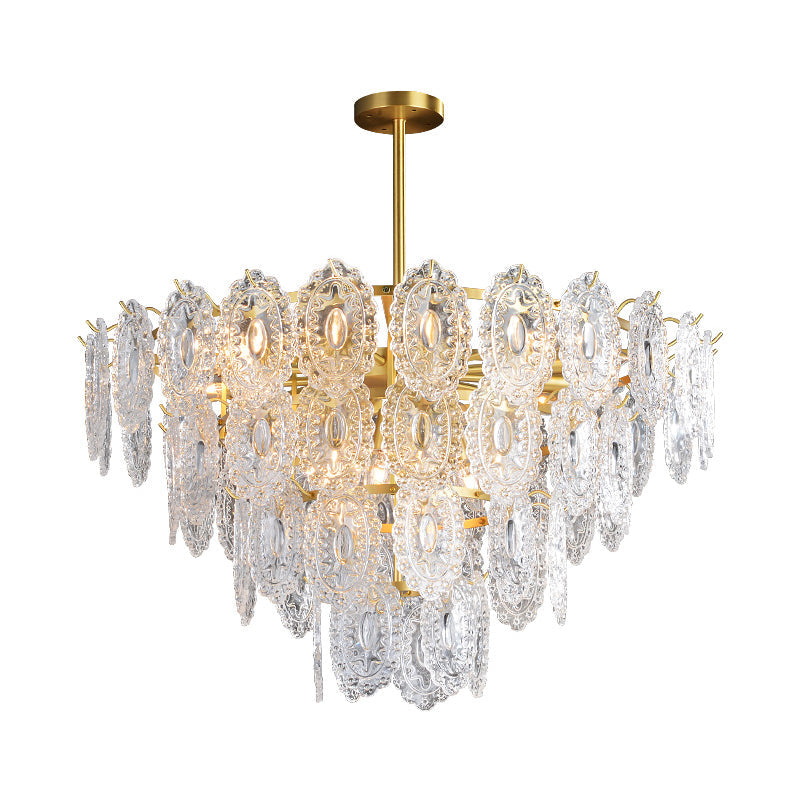 Lustre en verre festonné - Suspension moderne dorée avec 2/3/4 niveaux et 6/12/16 ampoules pour suspension de salle à manger