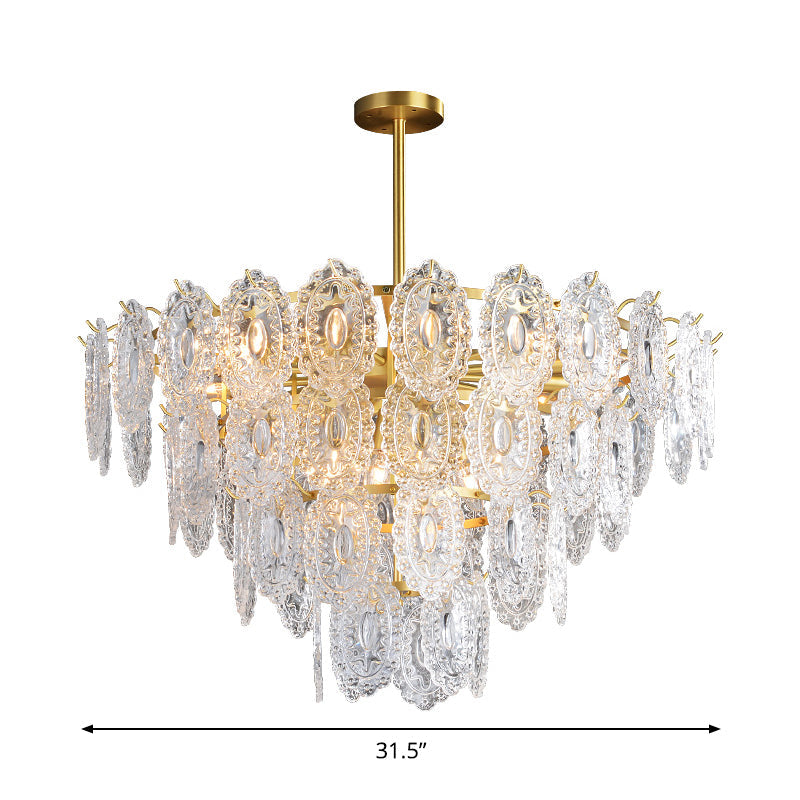 Lustre en verre festonné - Suspension moderne dorée avec 2/3/4 niveaux et 6/12/16 ampoules pour suspension de salle à manger