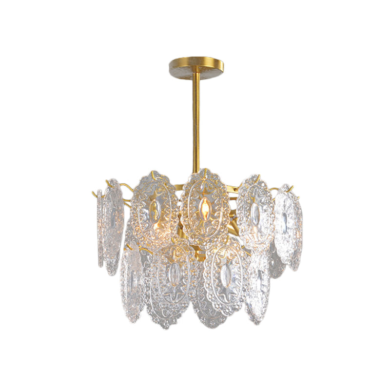 Lustre en verre festonné - Suspension moderne dorée avec 2/3/4 niveaux et 6/12/16 ampoules pour suspension de salle à manger