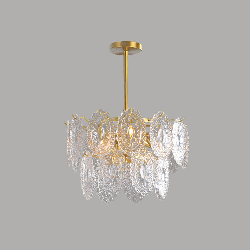 Lustre en verre festonné - Suspension moderne dorée avec 2/3/4 niveaux et 6/12/16 ampoules pour suspension de salle à manger