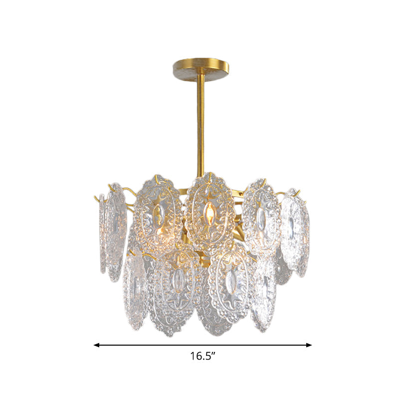Lustre en verre festonné - Suspension moderne dorée avec 2/3/4 niveaux et 6/12/16 ampoules pour suspension de salle à manger