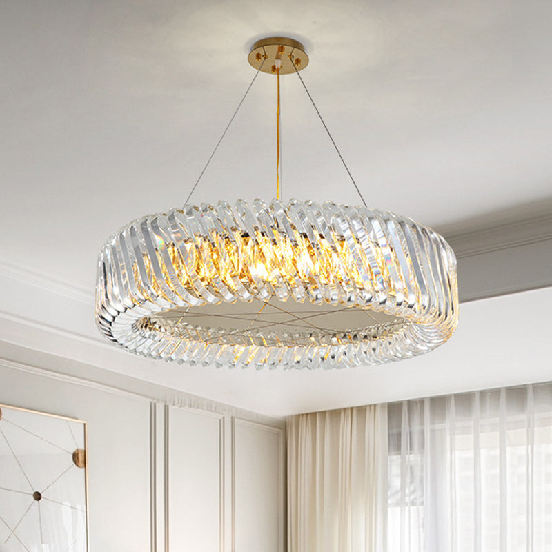 Minimalist 4/8/12-Light Gold Drum Pendant with Clear K9 Crystal Chandelier Fixture