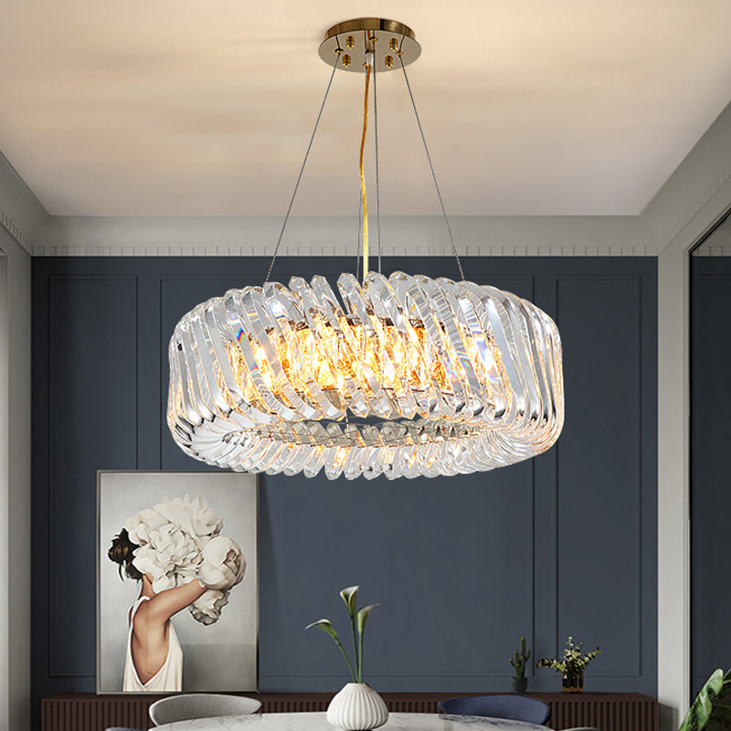 Minimalist 4/8/12-Light Gold Drum Pendant with Clear K9 Crystal Chandelier Fixture