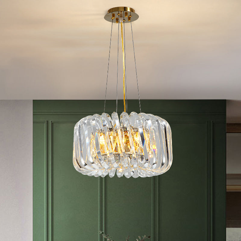 Minimalist 4/8/12-Light Gold Drum Pendant with Clear K9 Crystal Chandelier Fixture
