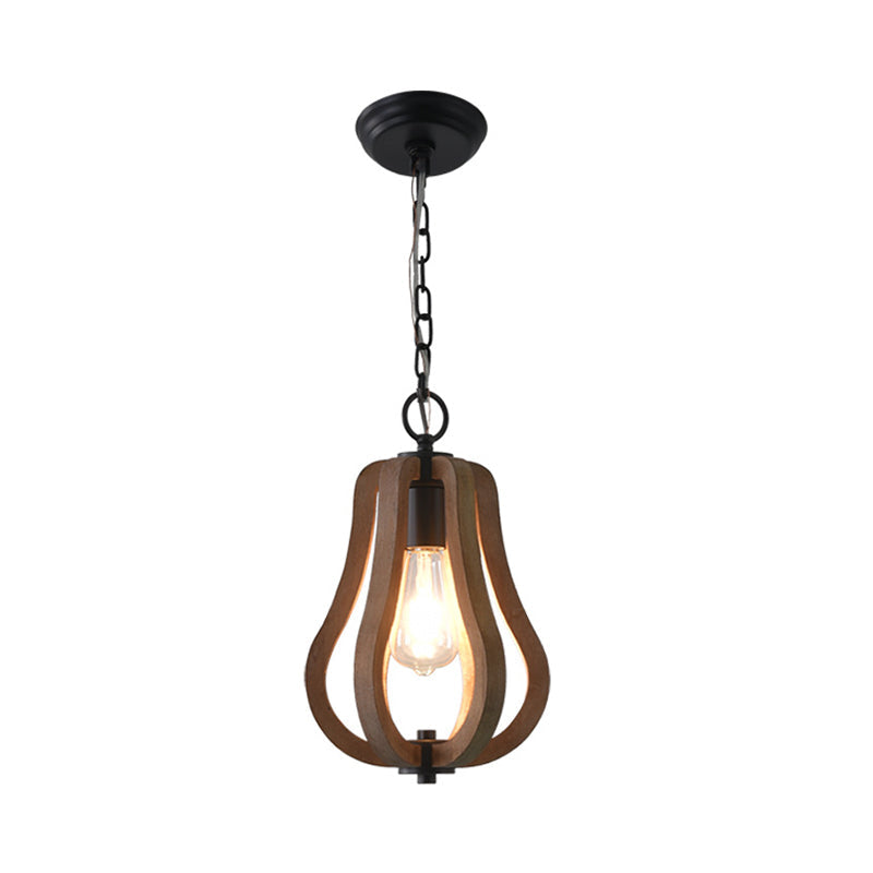 Traditional Wood Geometric Cage Pendant Light For Living Room