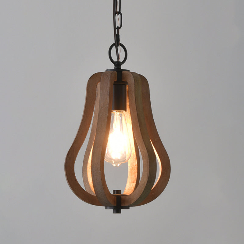 Traditional Wood Geometric Cage Pendant Light For Living Room