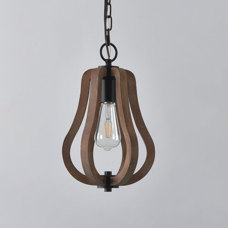 Traditional Wood Geometric Cage Pendant Light For Living Room