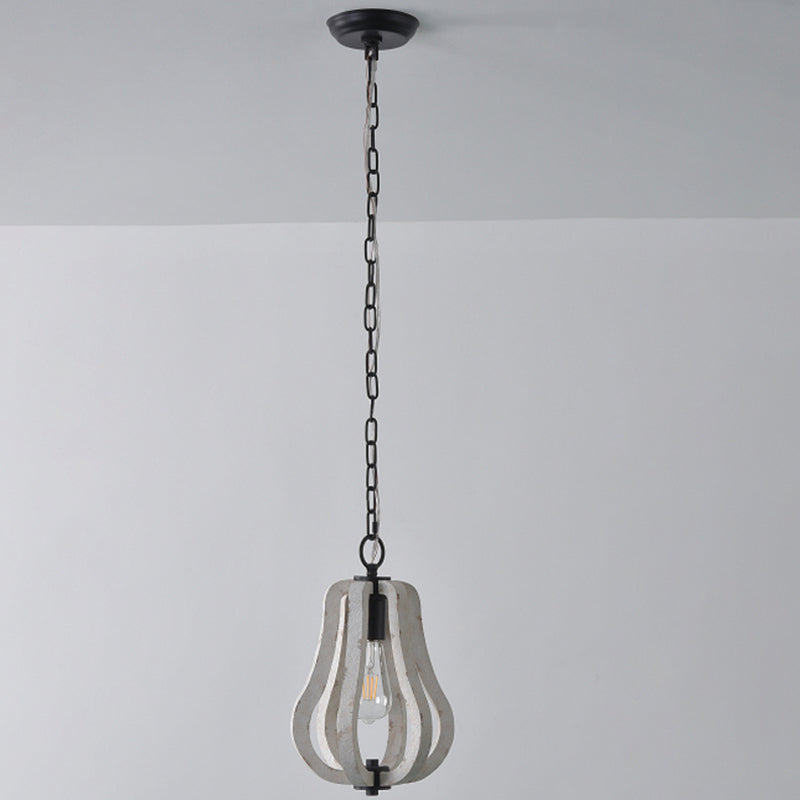 Traditional Wood Geometric Cage Pendant Light For Living Room