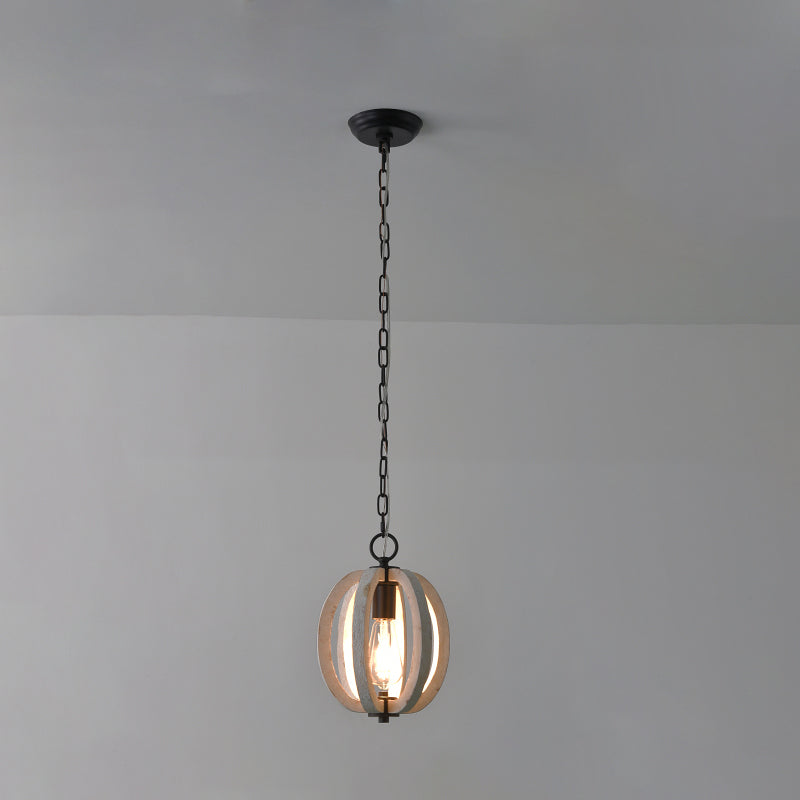 Traditional Wood Geometric Cage Pendant Light For Living Room