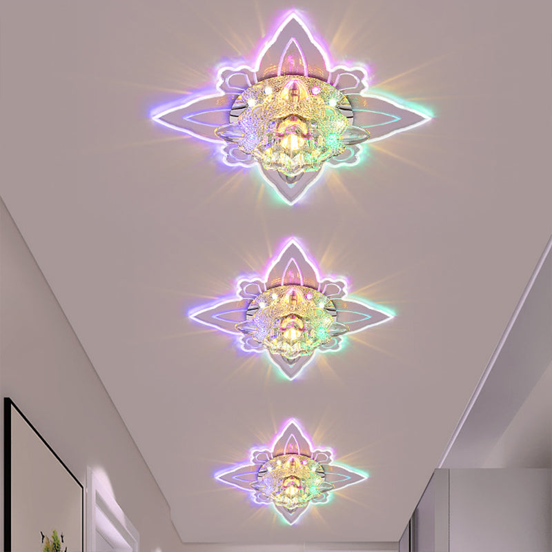 Contemporary LED Flush Light Fixture with Clear Faceted Crystal Shade for Foyer Ceiling