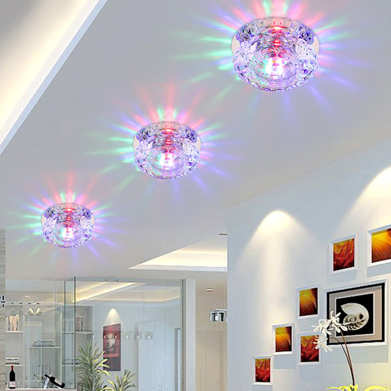 Sleek LED Porch Ceiling Chrome Flushmount Light with Clear Crystal Flower Shade