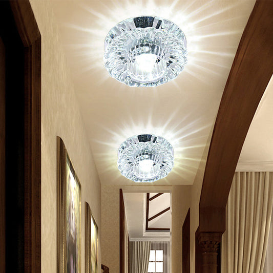 Sleek LED Porch Ceiling Chrome Flushmount Light with Clear Crystal Flower Shade