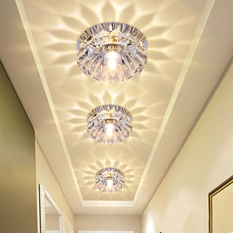 Minimalist Clear Crystal LED Chrome Close to Ceiling Light with Bowl Shade - Ideal for Foyer
