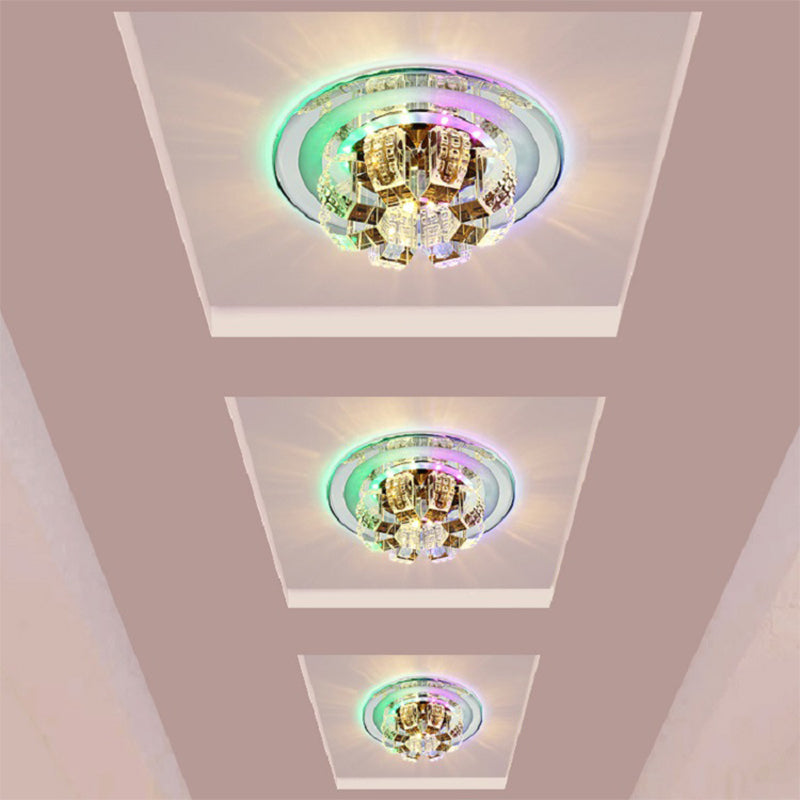 Modern Led Flush Mount Lighting - Chrome Floral Ceiling Light With Crystal Shade