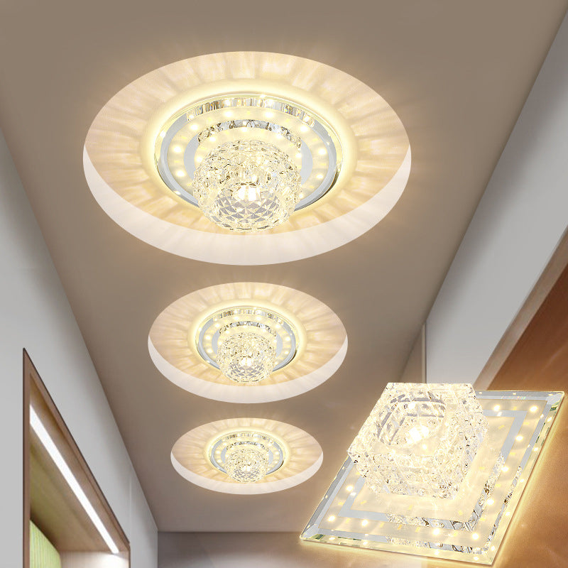 Sleek Crystal LED Foyer Ceiling Light - Geometric Design, Chrome Flush Mount