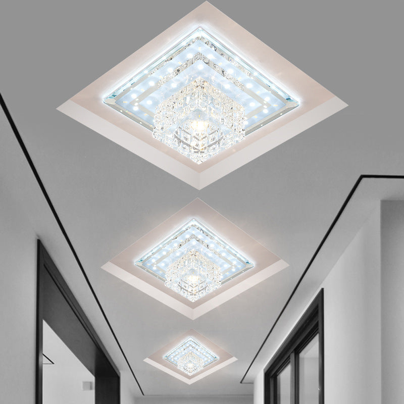 Sleek Crystal LED Foyer Ceiling Light - Geometric Design, Chrome Flush Mount