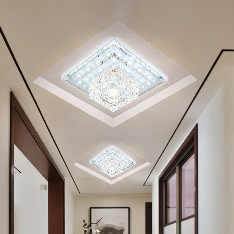 Sleek Crystal LED Foyer Ceiling Light - Geometric Design, Chrome Flush Mount