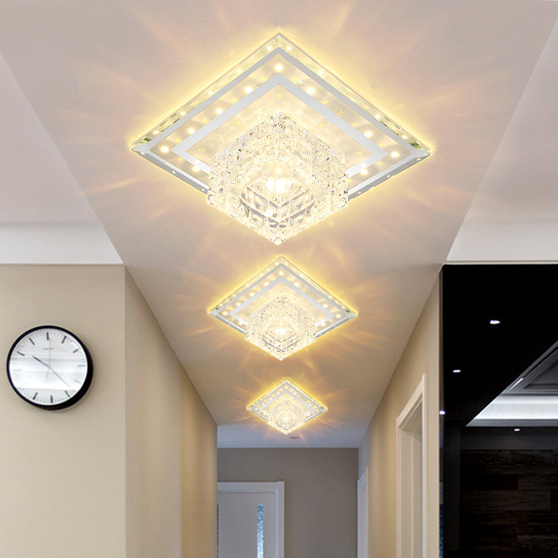 Sleek Crystal LED Foyer Ceiling Light - Geometric Design, Chrome Flush Mount