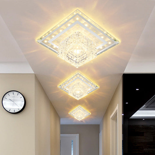 Sleek Crystal LED Foyer Ceiling Light - Geometric Design, Chrome Flush Mount
