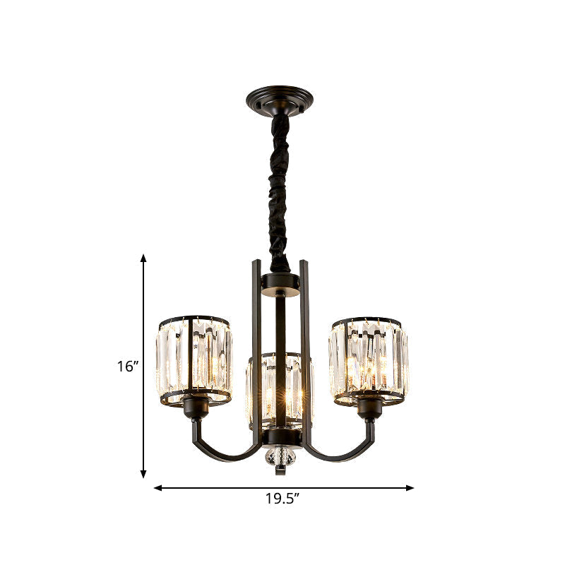 Classic Black Cylinder Pendant Light With Faceted Crystal: Elegant Living Room Chandelier