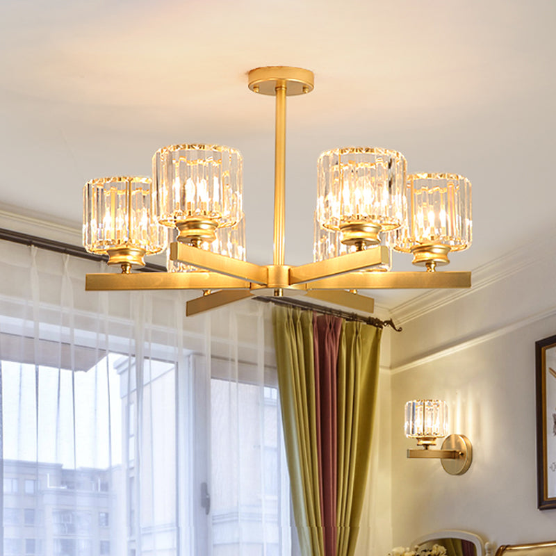 Modern Gold Crystal Pendant Chandelier Light - 3/6/10 Heads, Cylindrical Design