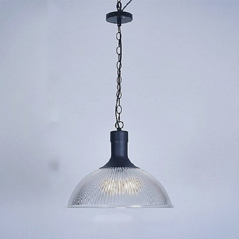 1-Light Clear Ribbed Glass Dome Pendant Light for Living Room - Factory Hanging Lighting Kit