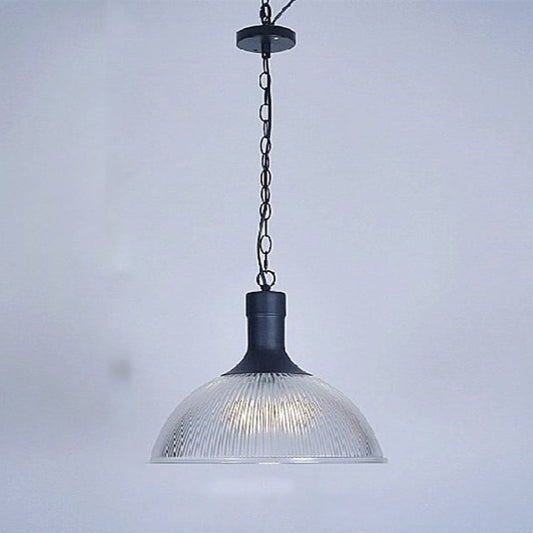 1-Light Clear Ribbed Glass Dome Pendant Light for Living Room - Factory Hanging Lighting Kit