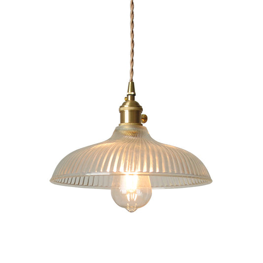 Luminaire suspendu rustique en laiton avec bol en verre transparent nervuré