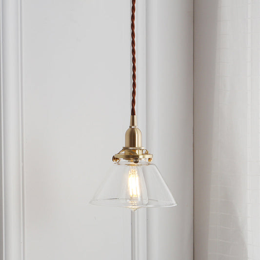 Lampe à suspension conique en laiton et verre transparent pour salle à manger