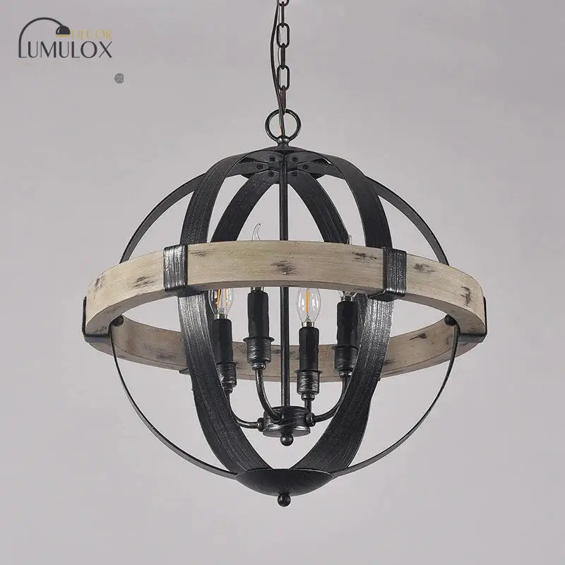 Lustre suspendu en forme de globe avec sangle en bois de style campagnard en noir