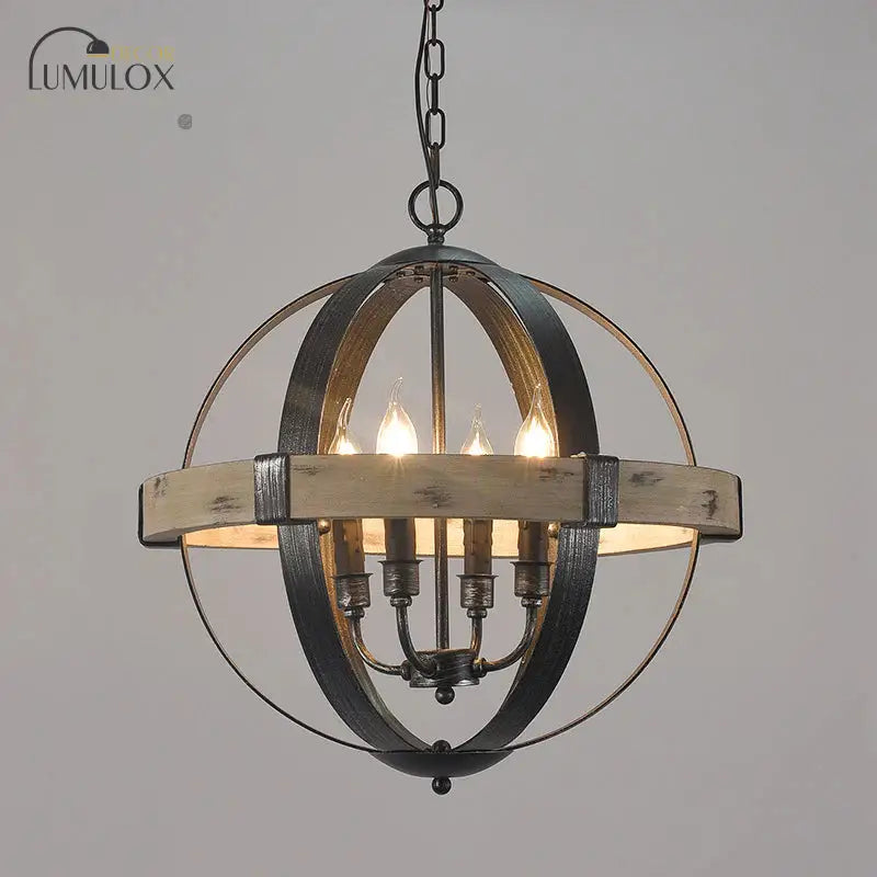 Lustre suspendu en forme de globe avec sangle en bois de style campagnard en noir