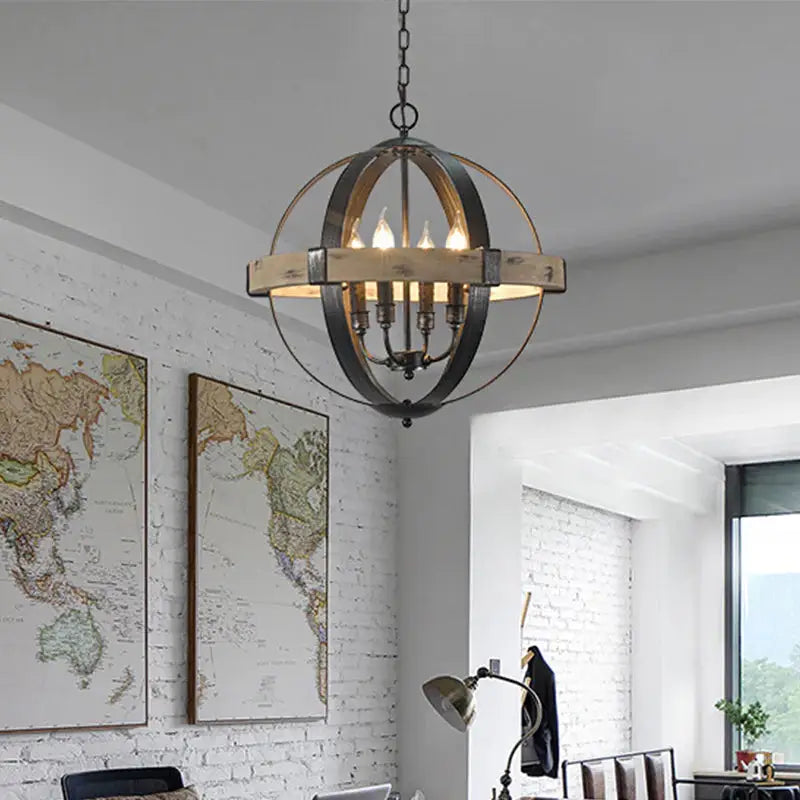 Lustre suspendu en forme de globe avec sangle en bois de style campagnard en noir