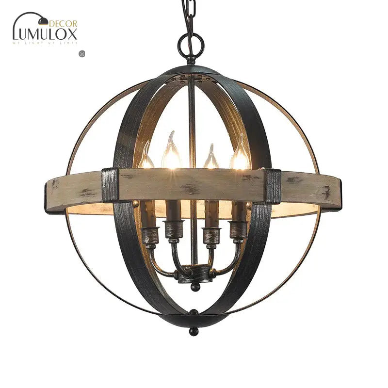 Lustre suspendu en forme de globe avec sangle en bois de style campagnard en noir
