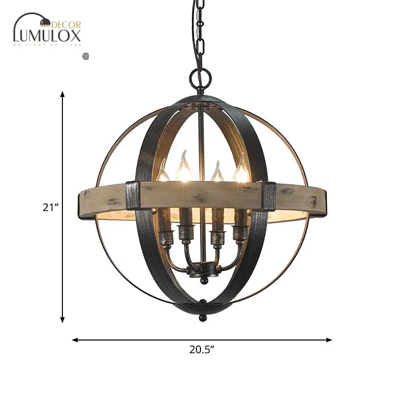 Lustre suspendu en forme de globe avec sangle en bois de style campagnard en noir