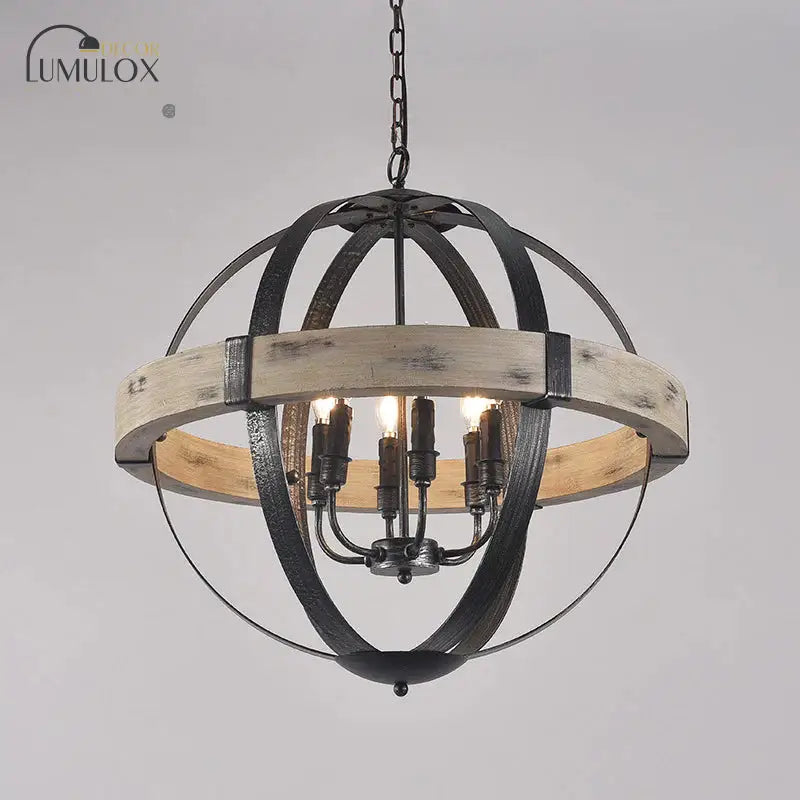 Lustre suspendu en forme de globe avec sangle en bois de style campagnard en noir