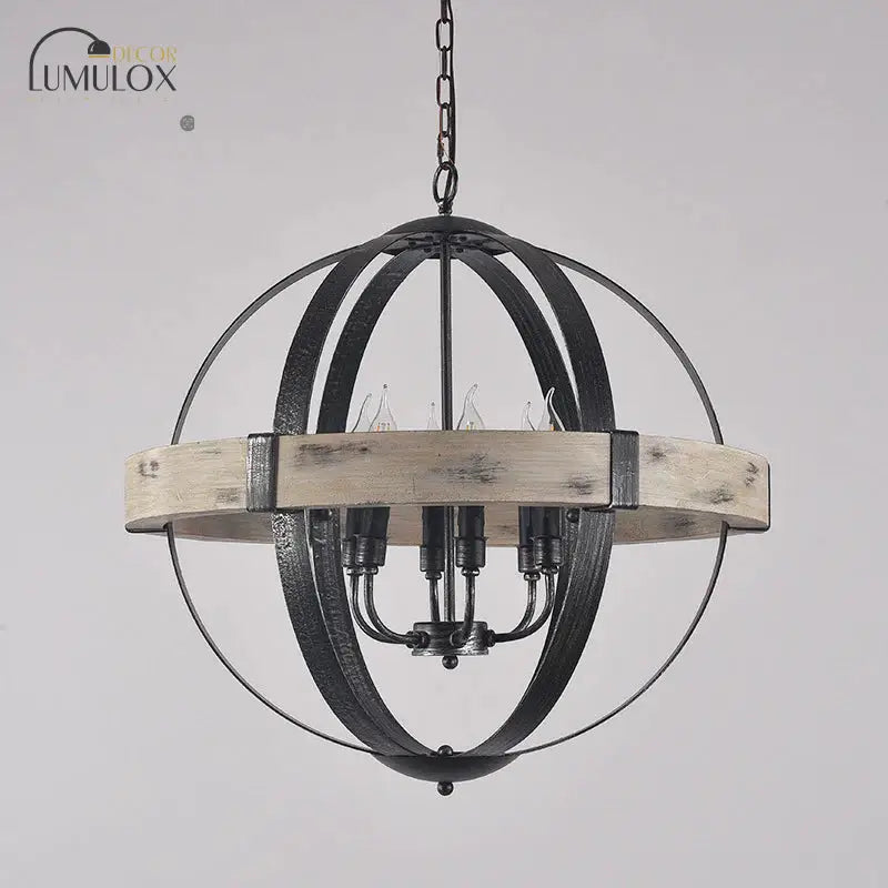 Lustre suspendu en forme de globe avec sangle en bois de style campagnard en noir