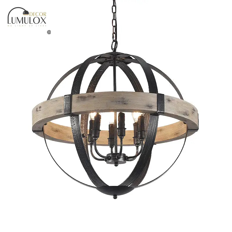 Lustre suspendu en forme de globe avec sangle en bois de style campagnard en noir