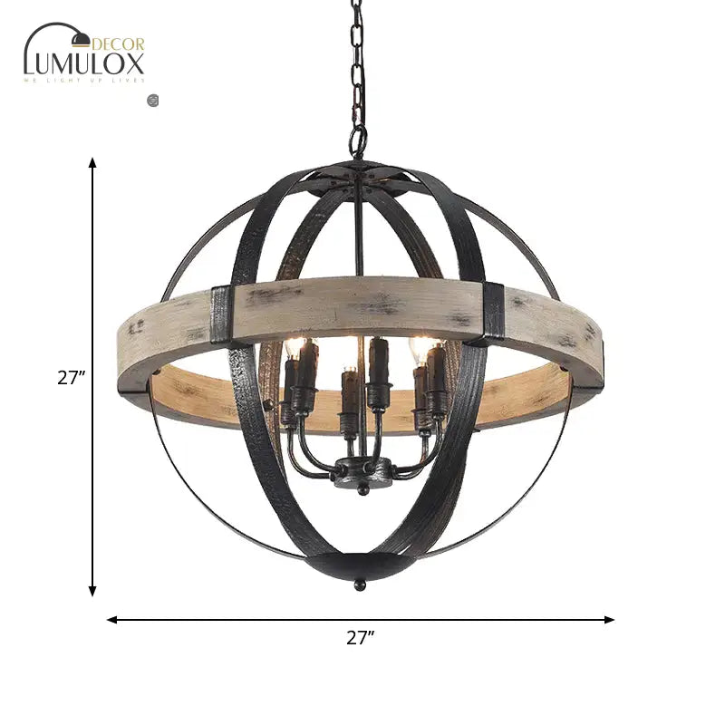 Lustre suspendu en forme de globe avec sangle en bois de style campagnard en noir