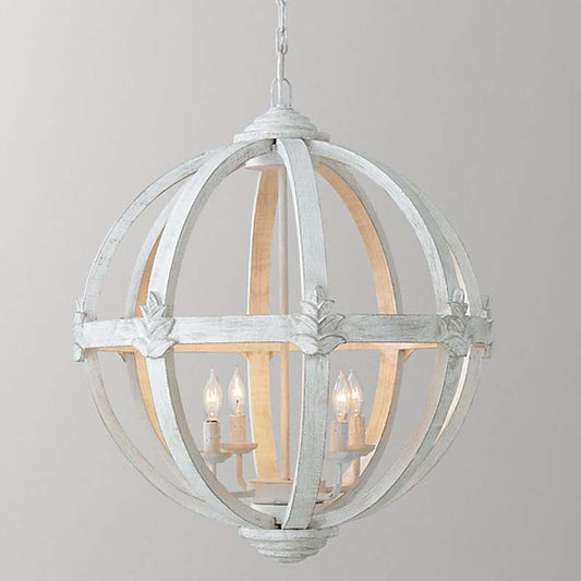 Rustic Wood Shade Candle Pendant Chandelier Set - 4-Bulb Hanging Lamp Kit For Bedroom White