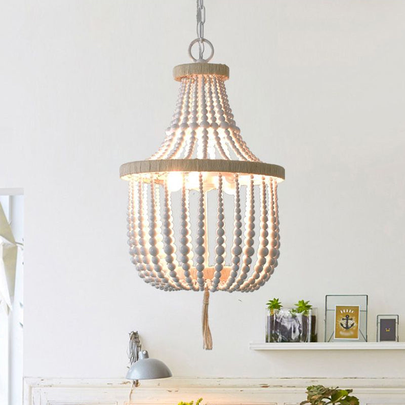 Rustic 2-Head Wood Pendant Chandelier: Handcrafted Beaded Basket Lamp For Restaurants