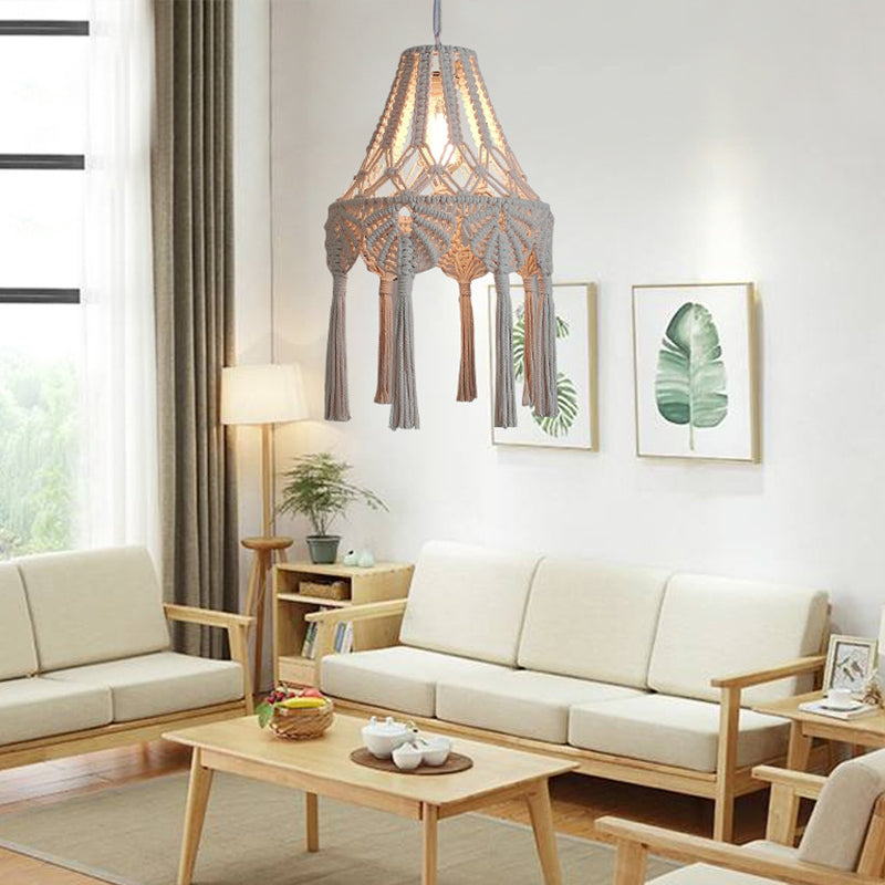 Rustic Scalloped Rope Suspension Lamp: Beige 1-Light Ceiling Fixture With Tassel Fringe For Country