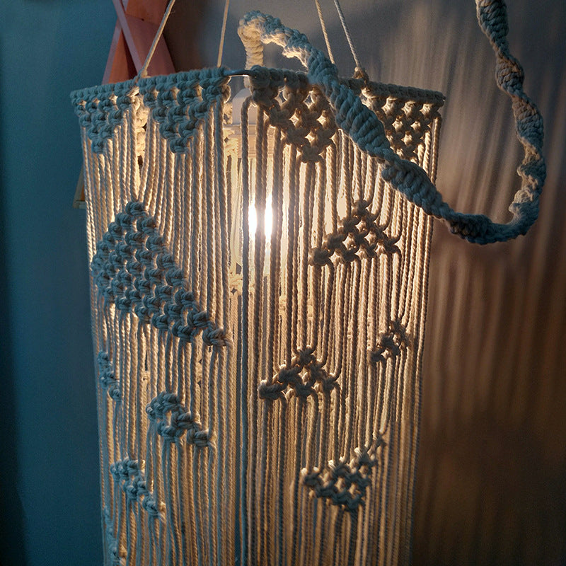 White Pendulum Light - Traditional Rope Braided Rectangle Suspension Lamp For Bedroom
