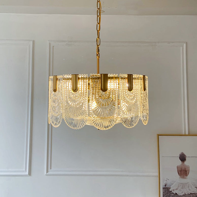 Lustre classique en verre texturé transparent festonné pour salle à manger, luminaire en laiton