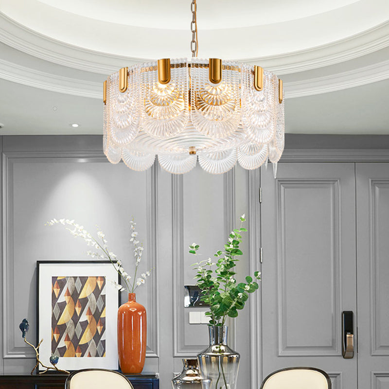 Lustre classique en verre texturé transparent festonné pour salle à manger, luminaire en laiton