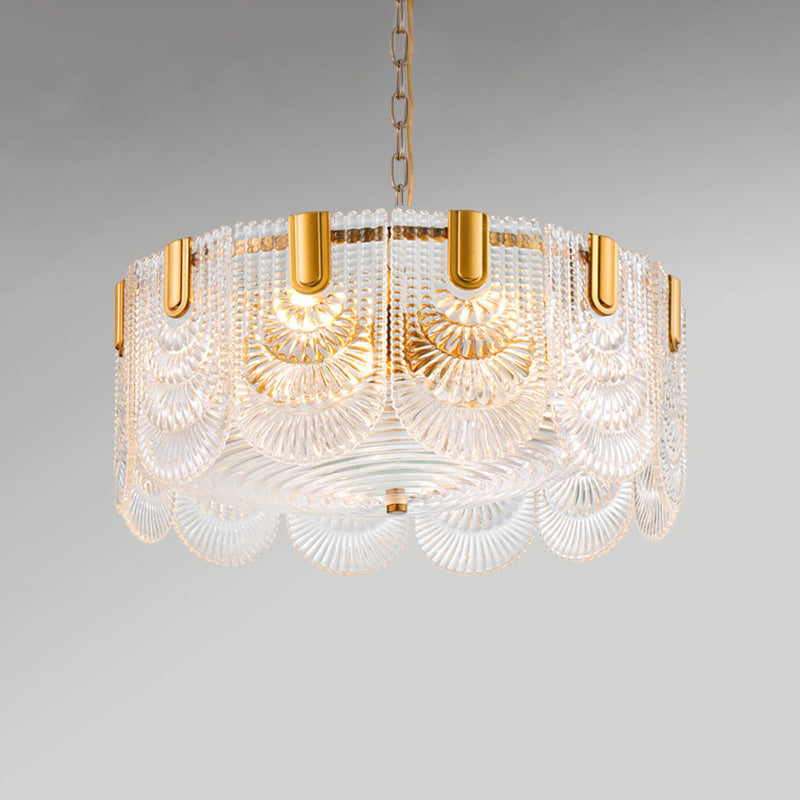 Lustre classique en verre texturé transparent festonné pour salle à manger, luminaire en laiton