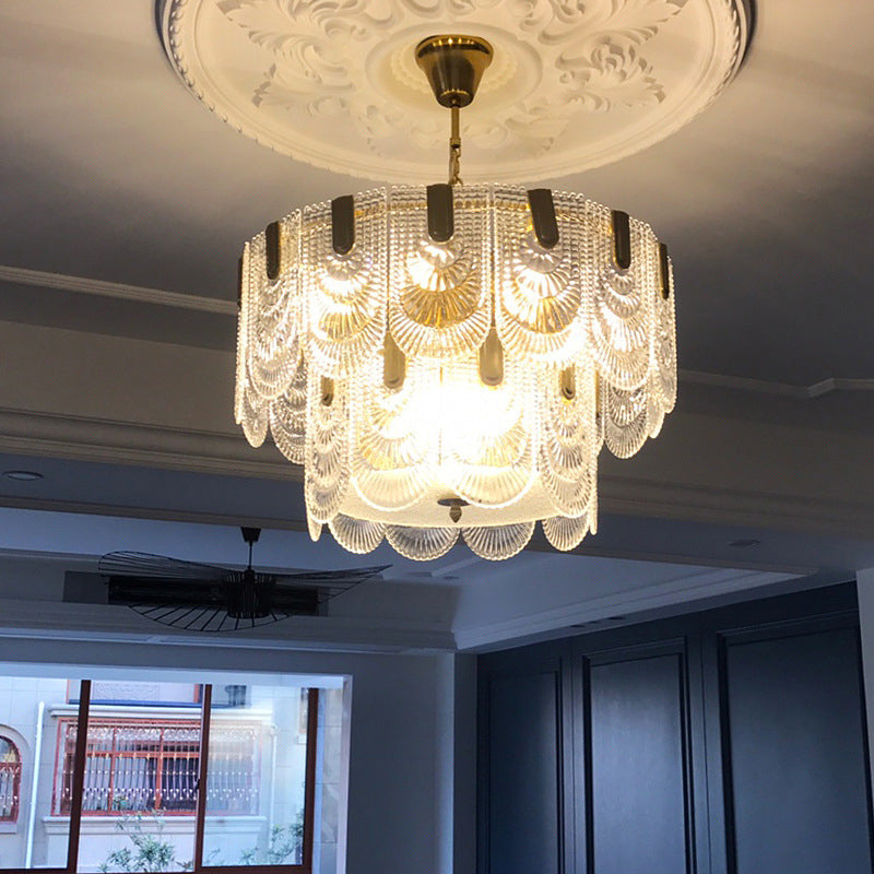 Lustre classique en verre texturé transparent festonné pour salle à manger, luminaire en laiton