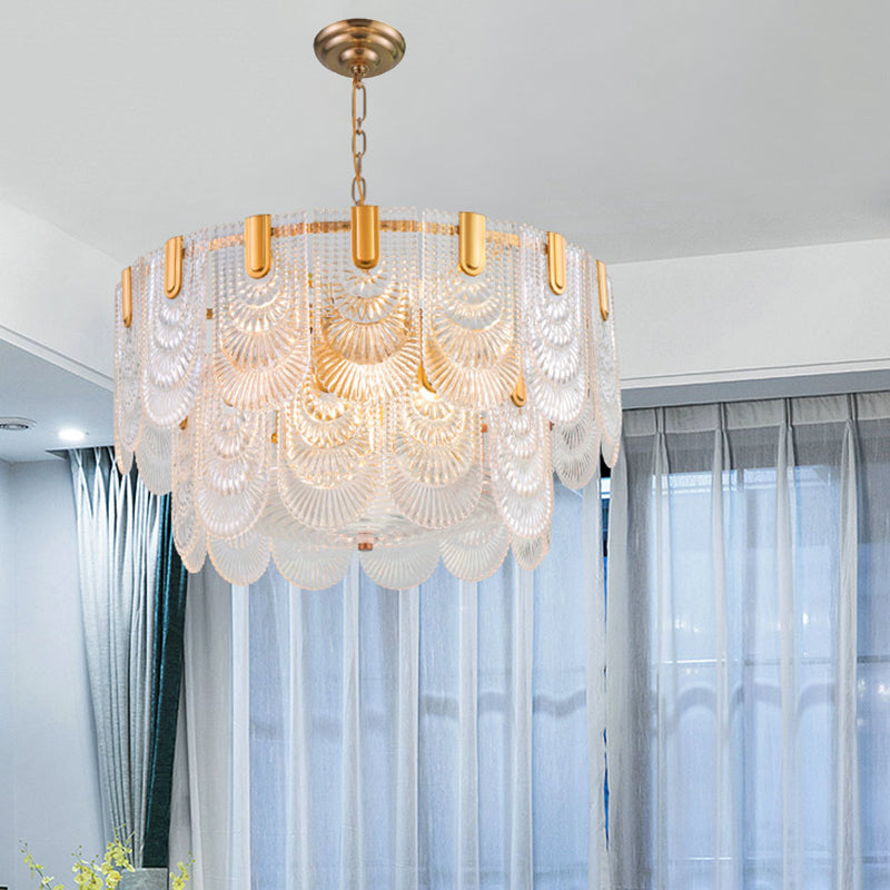 Lustre classique en verre texturé transparent festonné pour salle à manger, luminaire en laiton
