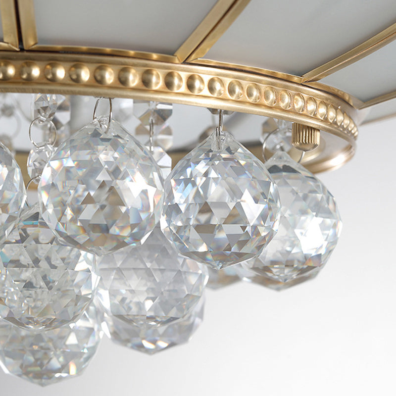 Semi Flush Mount Farmhouse Bowl Light with Frosted Glass, Brass Finish, and Orb Crystal Accent