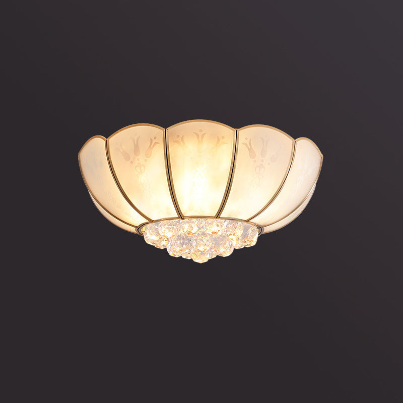 Semi Flush Mount Farmhouse Bowl Light with Frosted Glass, Brass Finish, and Orb Crystal Accent
